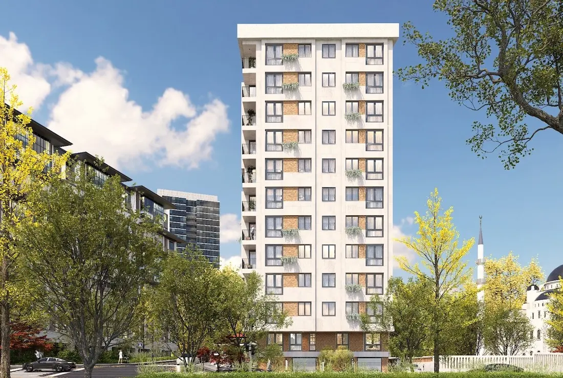 Modern residential building exterior with contemporary architectural design for sale in the Sultangazi district, Istanbul.