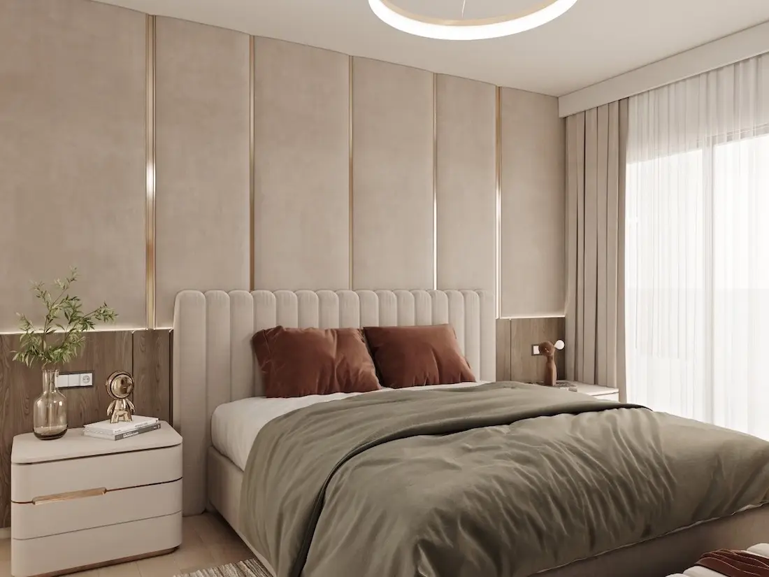 Cozy master bedroom interior with elegant design and warm lighting in a Sultangazi residential property, Istanbul.