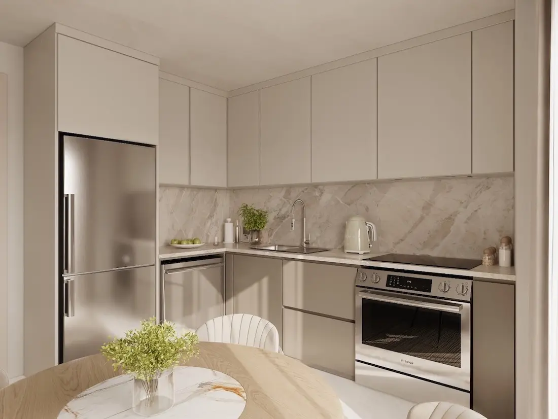 Modern kitchen design with contemporary cabinetry and sleek finishes in a Sultangazi apartment, Istanbul.