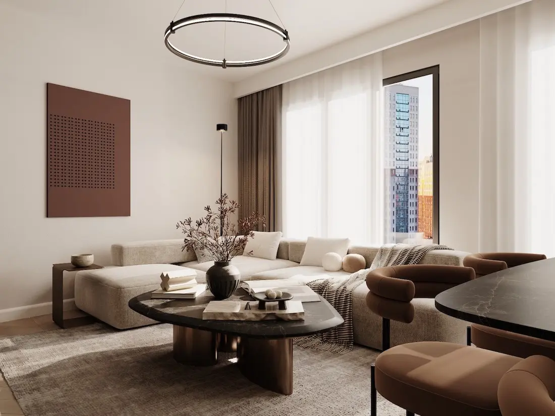 Spacious modern living room with bright interior design and contemporary finishes in a Sultangazi residential property, Istanbul.