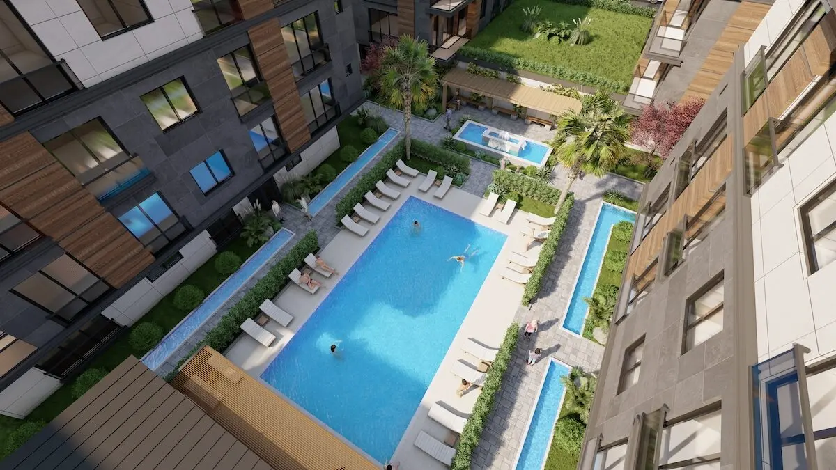 Modern and luxury indoor swimming pool facility in a residential project in Beylikdüzü, Istanbul.